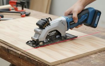 G LAXIA mini circular saw cutting plywood with laser guide aligned to marked line