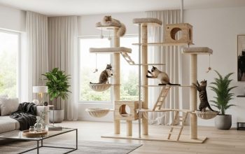 Floor to ceiling cat tower with multiple platforms and scratching posts for multiple cats in modern living room