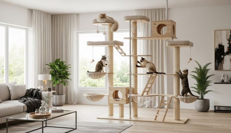 Floor to ceiling cat tower with multiple platforms and scratching posts for multiple cats in modern living room