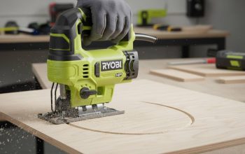 Ryobi 18V cord Anne+ brushless jig saw cutting smooth curves in plywood with visible orbital action
