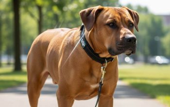 black rhino dog collar on a large breed dog during a walk, showing reflective stitching