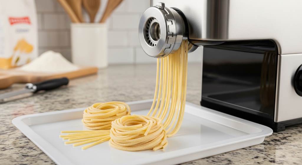 Electric pasta maker extruding perfect spaghetti strands onto tray