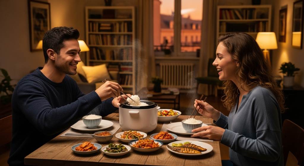 Happy couple in cozy apartment enjoying dinner with rice from mini rice cooker