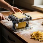 Home cook using manual pasta maker to roll fresh dough on wooden counter