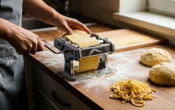 Home cook using manual pasta maker to roll fresh dough on wooden counter