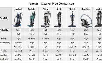 Comparison chart showing different vacuum cleaner types including upright, canister, stick, robot, and handheld models side by side