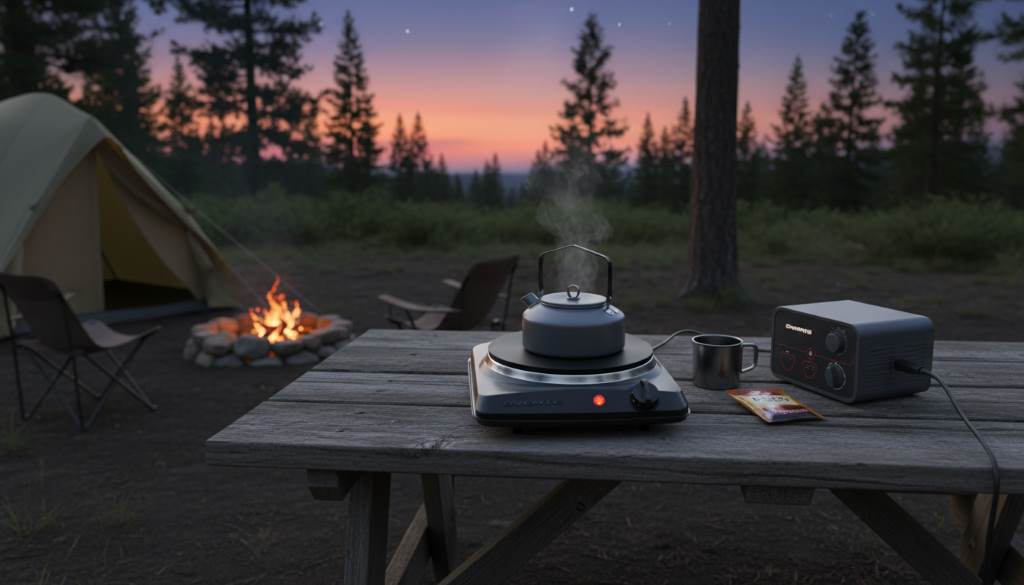 Portable electric hot plate in use during outdoor camping setup