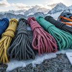 Climber using lightweight alpine rope on snowy mountain ridge
