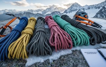 Climber using lightweight alpine rope on snowy mountain ridge
