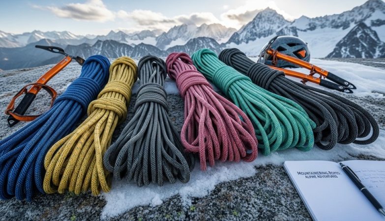 Climber using lightweight alpine rope on snowy mountain ridge