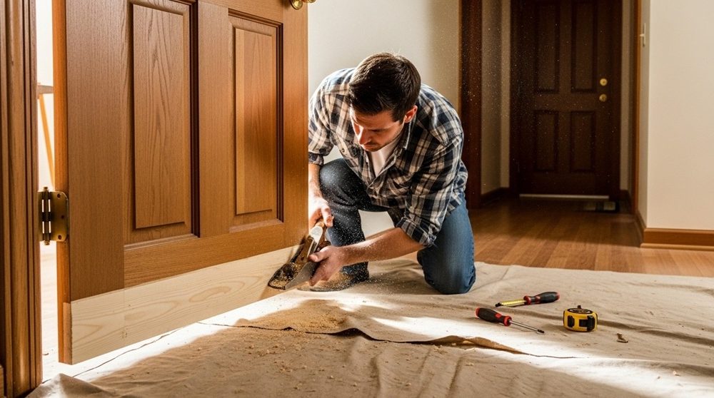 Fixing a sticking interior door by tightening hinge screws