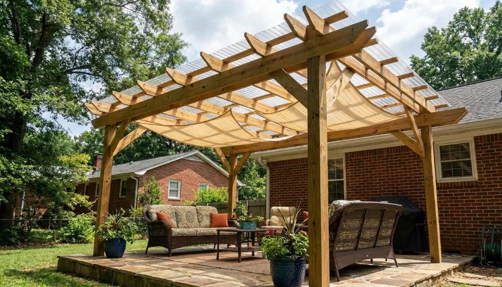 DIY pergola outdoor sitting area in suburban Atlanta backyard