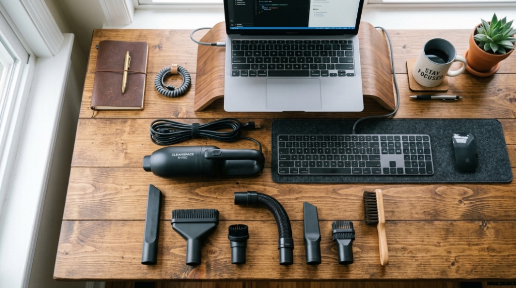 Portable keyboard vacuum cleaner with different nozzle attachments on a clean wooden desk.