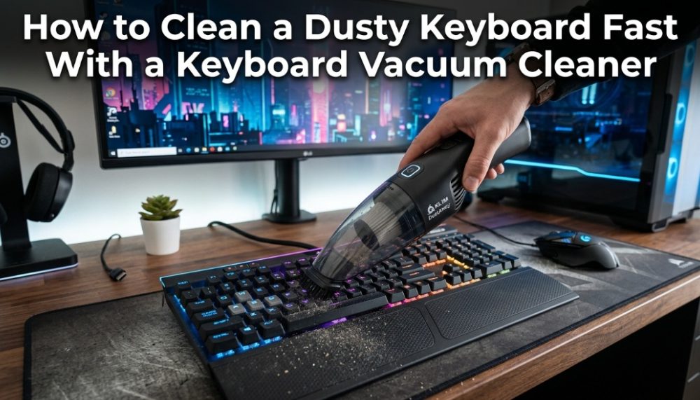 Handheld keyboard vacuum cleaning dust off a mechanical keyboard with title text overlay.
