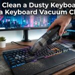 Handheld keyboard vacuum cleaning dust off a mechanical keyboard with title text overlay.