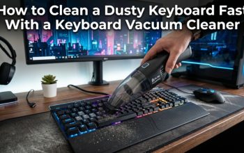 Handheld keyboard vacuum cleaning dust off a mechanical keyboard with title text overlay.