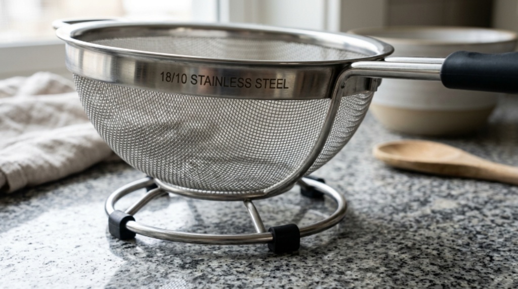 Close-up of a rust-proof strainer showing 18/10 stainless steel construction with a stable footed base