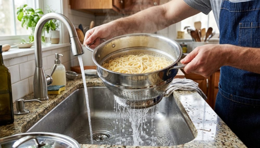 Shiny stainless steel pasta strainer with riveted handles and punched holes draining spaghetti over a kitchen sink