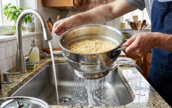 Shiny stainless steel pasta strainer with riveted handles and punched holes draining spaghetti over a kitchen sink