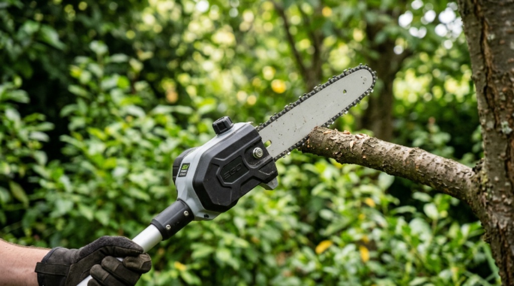 Close-up of a lightweight battery-powered pole saw cutting head with chain and bar visible against a green garden background