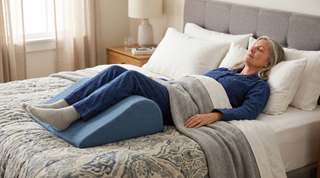 Wedge-shaped leg elevation pillow positioned under the knees of a person lying on their back in bed