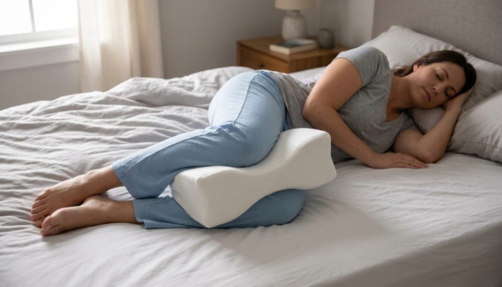 Person sleeping on their side with a contoured knee pillow placed between their legs for sciatica relief