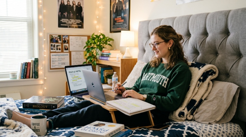 College student sitting comfortably against a cushioned dorm headboard while studying with a laptop