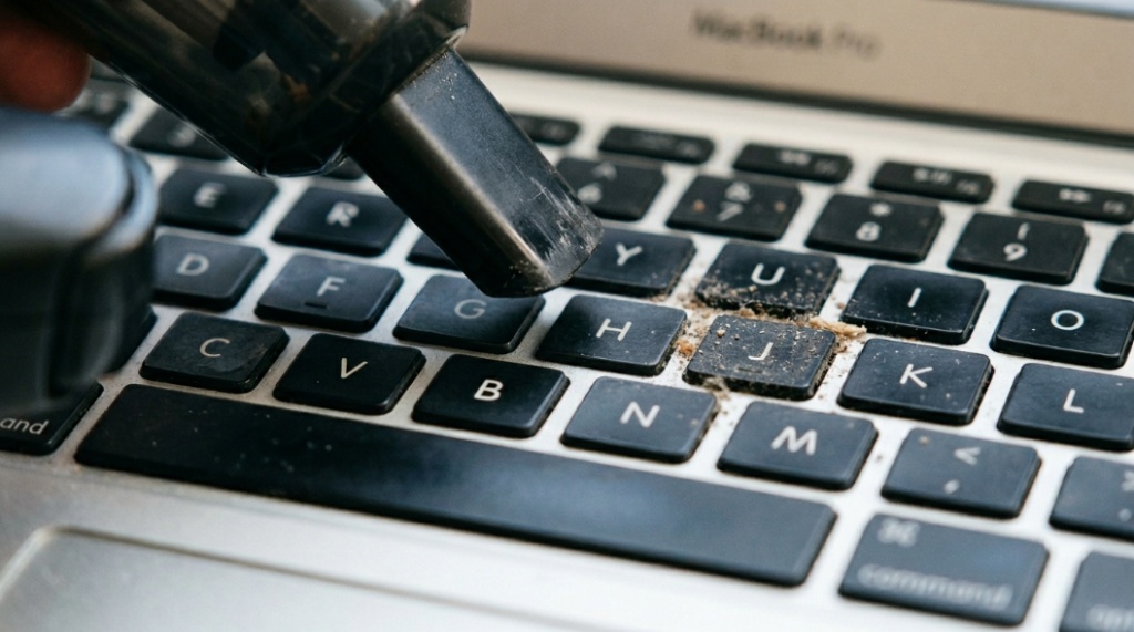 Close-up of a mini vacuum nozzle removing debris and crumbs from between laptop keys.