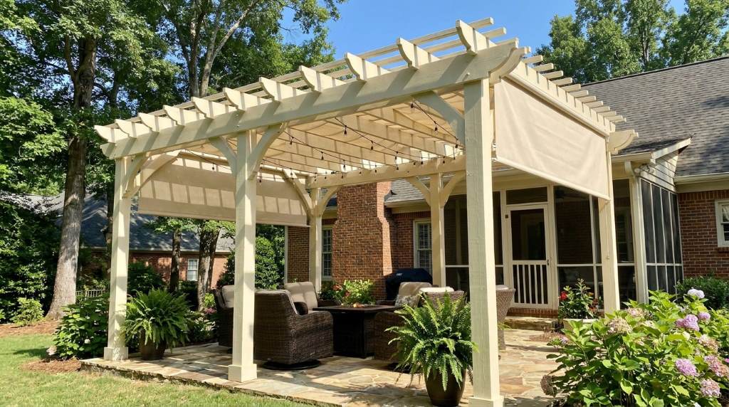Modern backyard seating space with DIY wooden structure in Atlanta