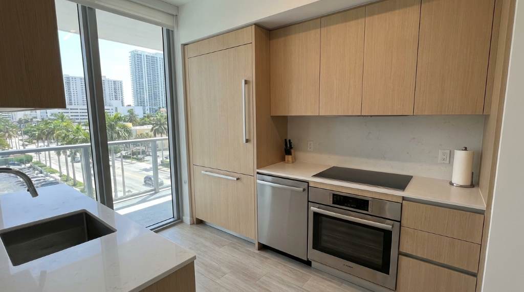 Small apartment kitchen featuring seamless cabinet and appliance design