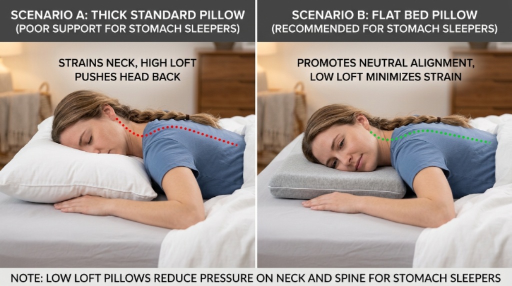 Comparison of thick standard pillow versus flat bed pillow for stomach sleeping position