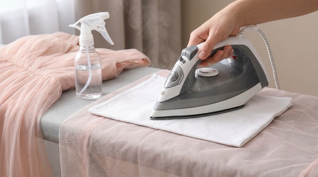 removing wrinkles from delicate tulle wedding fabric using garment steamer