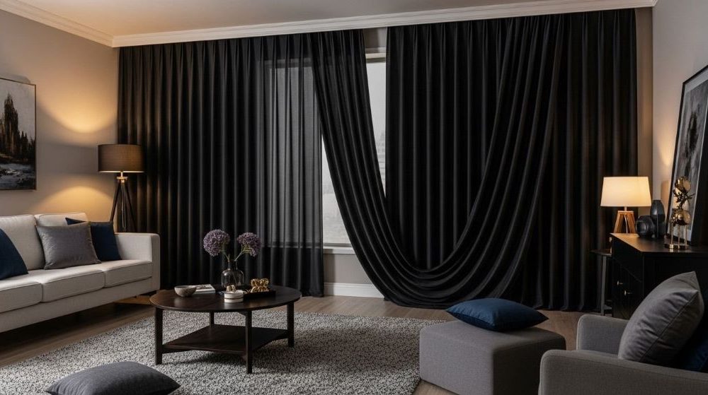Blackout curtains installed in a modern bedroom blocking sunlight