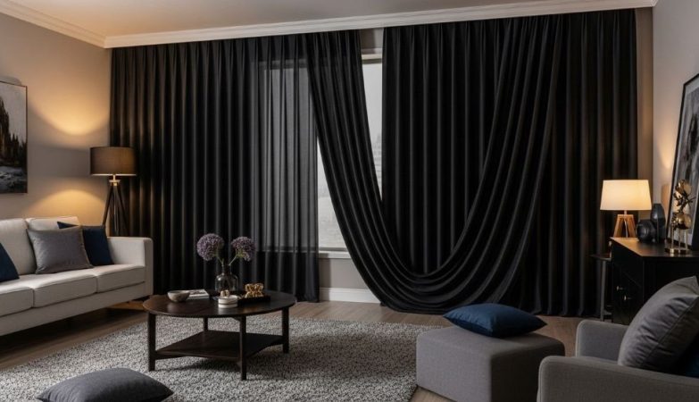 Blackout curtains installed in a modern bedroom blocking sunlight