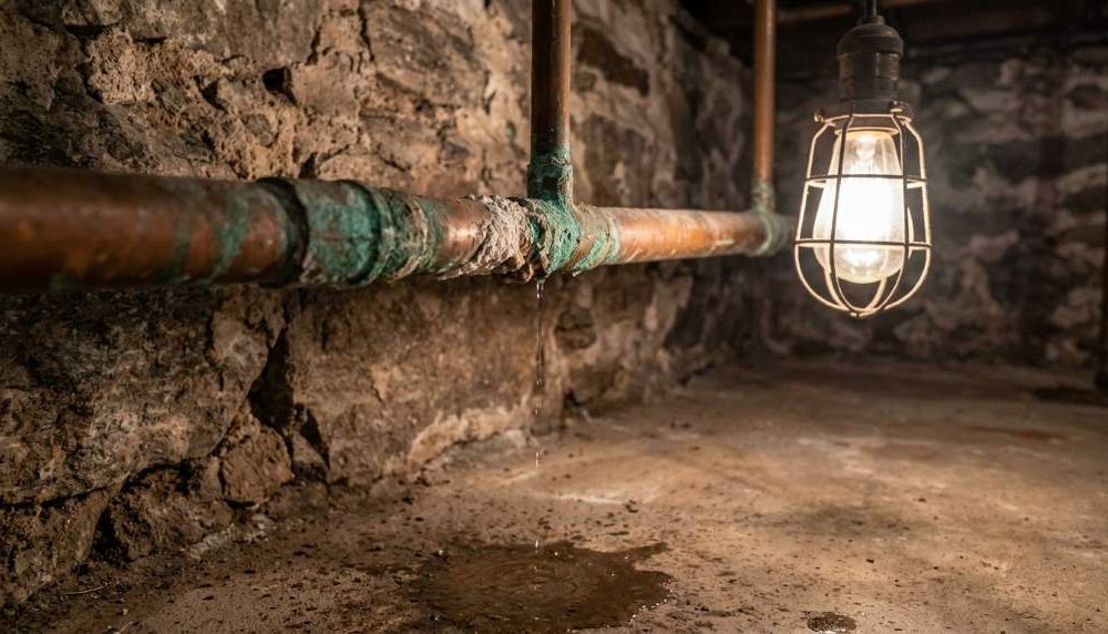 Corroded metal plumbing pipe inside a residential basement