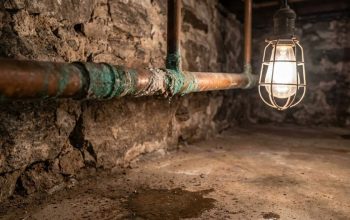 Corroded metal plumbing pipe inside a residential basement