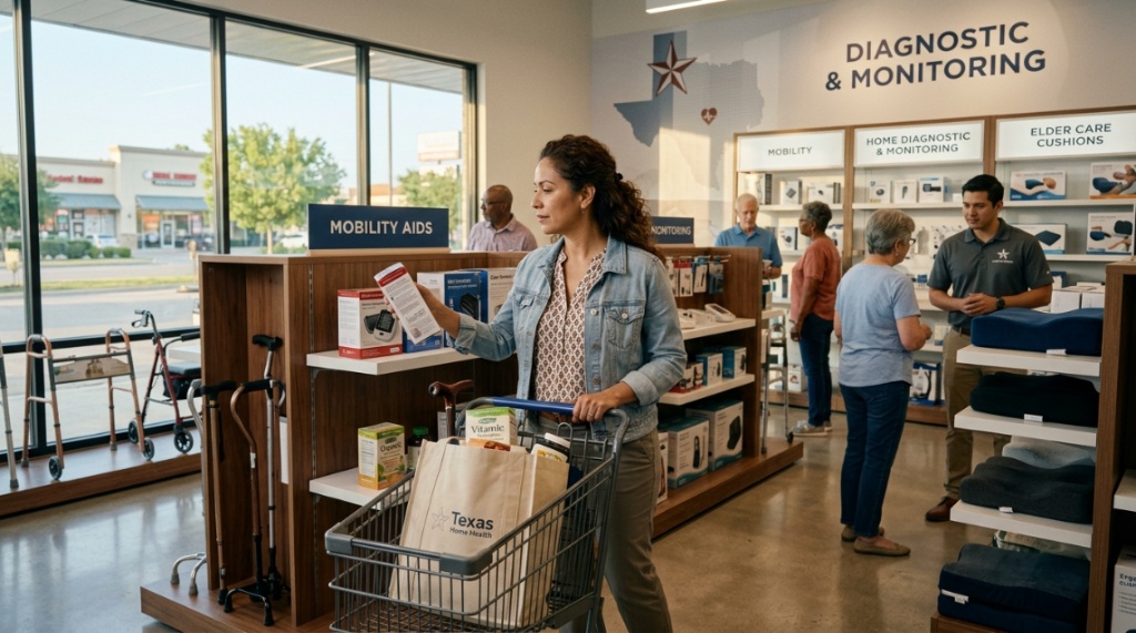 Woman shopping for ergonomic pillows at a Texas home store.