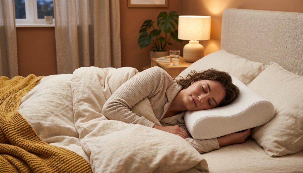 Person sleeping comfortably on ergonomic cervical pillow.