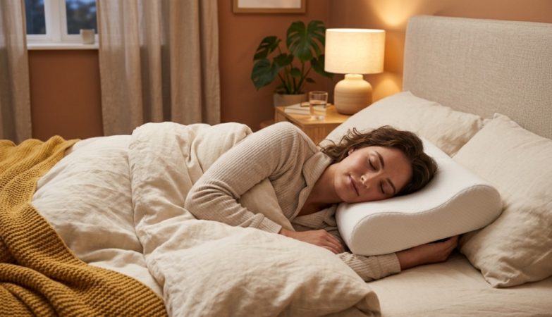 Person sleeping comfortably on ergonomic cervical pillow.