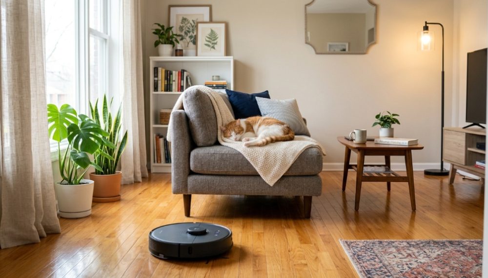 Sleek robotic vacuum cleaning pet hair in a cozy, organized apartment living room.