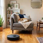 Sleek robotic vacuum cleaning pet hair in a cozy, organized apartment living room.