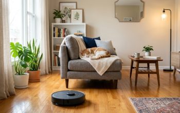 Sleek robotic vacuum cleaning pet hair in a cozy, organized apartment living room.