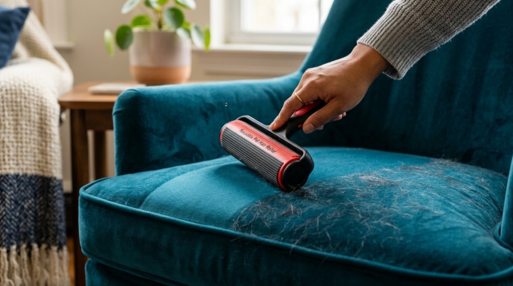 Person removing pet fur from a velvet armchair using a reusable roller.